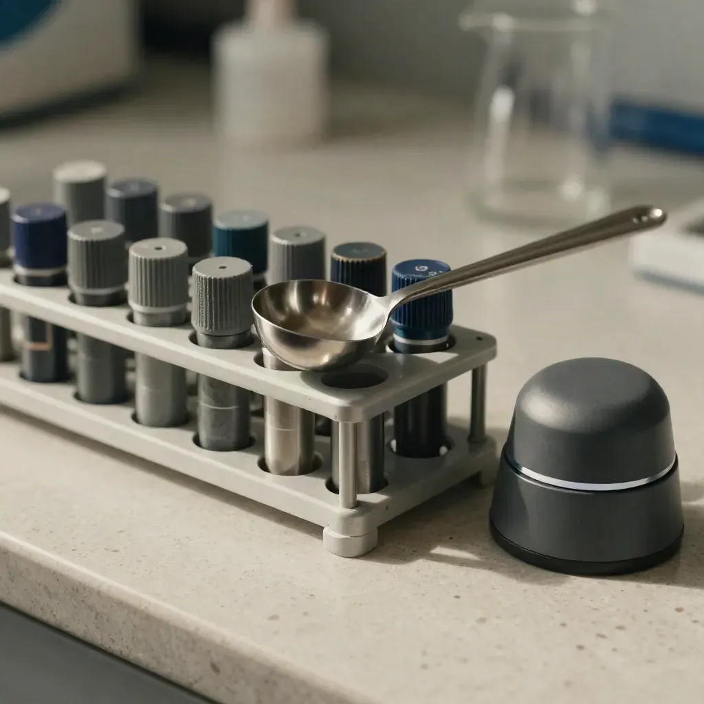 Microtube rack, stainless scoop and bench timer on a travertine lab bench.
