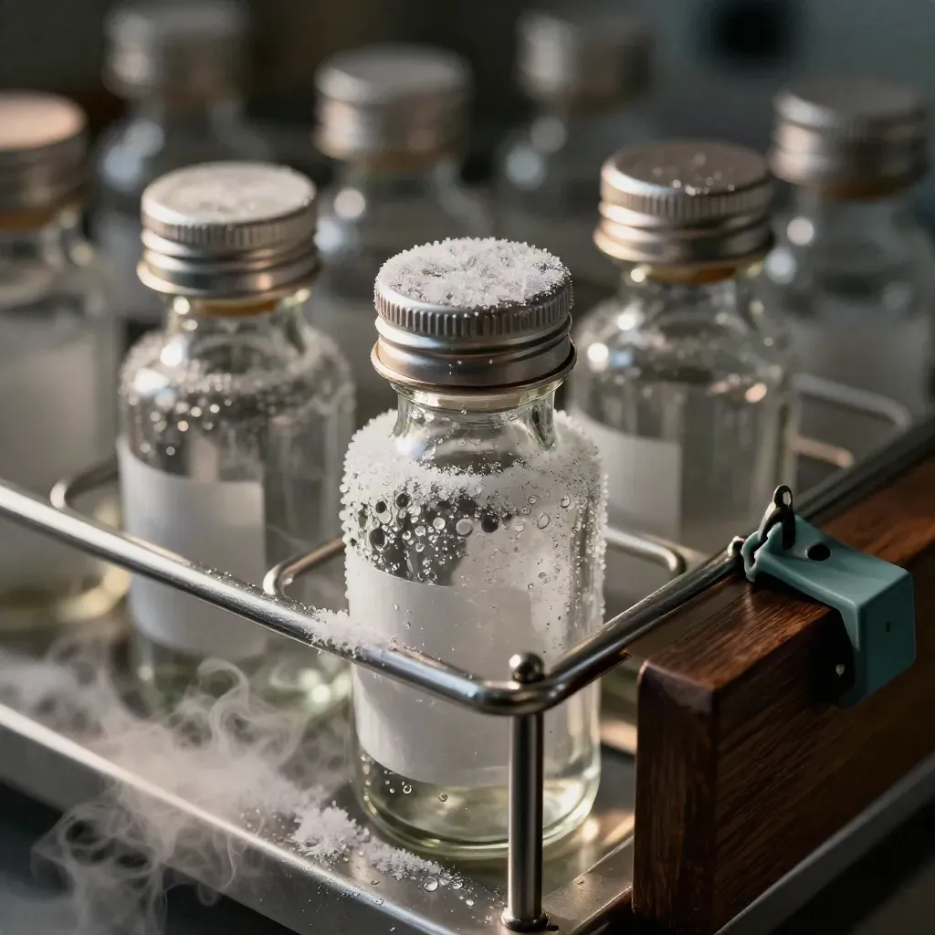 Cryovials in a frost-rimmed rack beside a dewar mouth, with dry-ice vapour over matte steel.