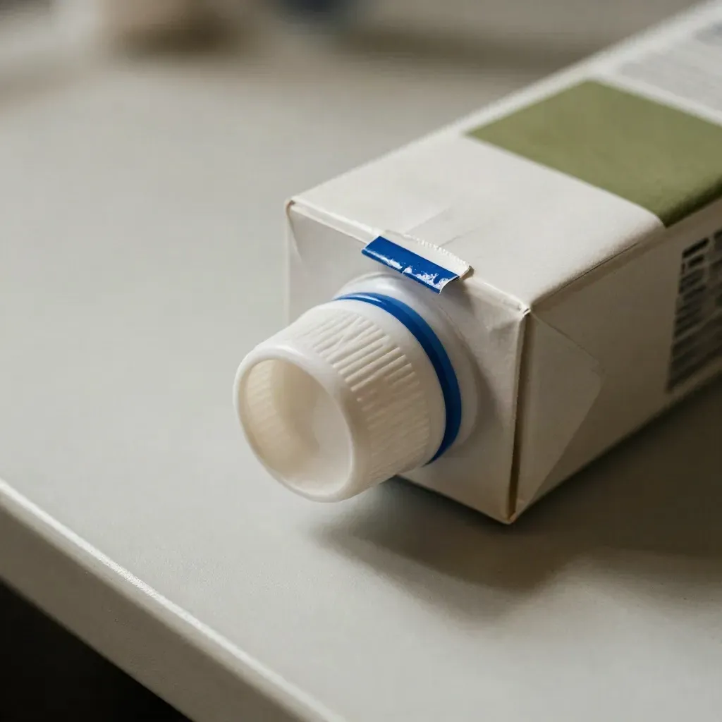 Macro of a sealed white carton corner with tamper cap and electric-blue band.