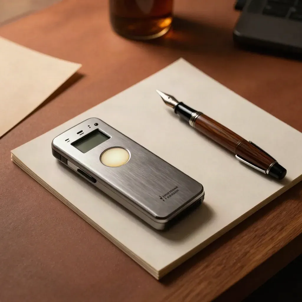 Voice recorder, fountain pen and blank storyboard card on a warm editorial desk.