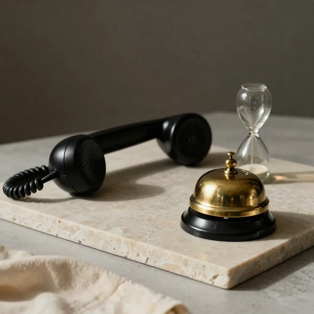 Black handset, brass bell, and hourglass on pale stone in soft side light