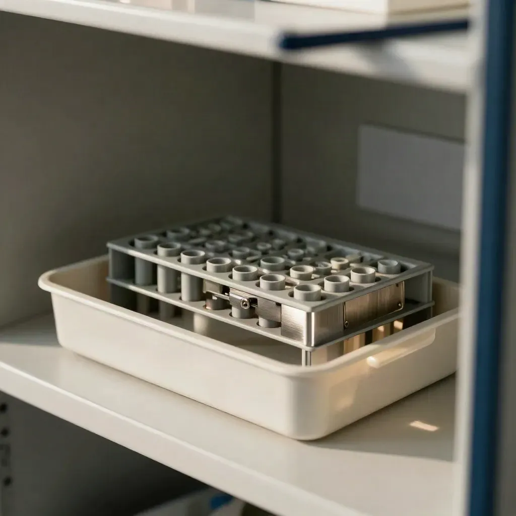 Nested sample trays, steel divider, and microtube racks on a lab shelf in cool cabinet shadow.