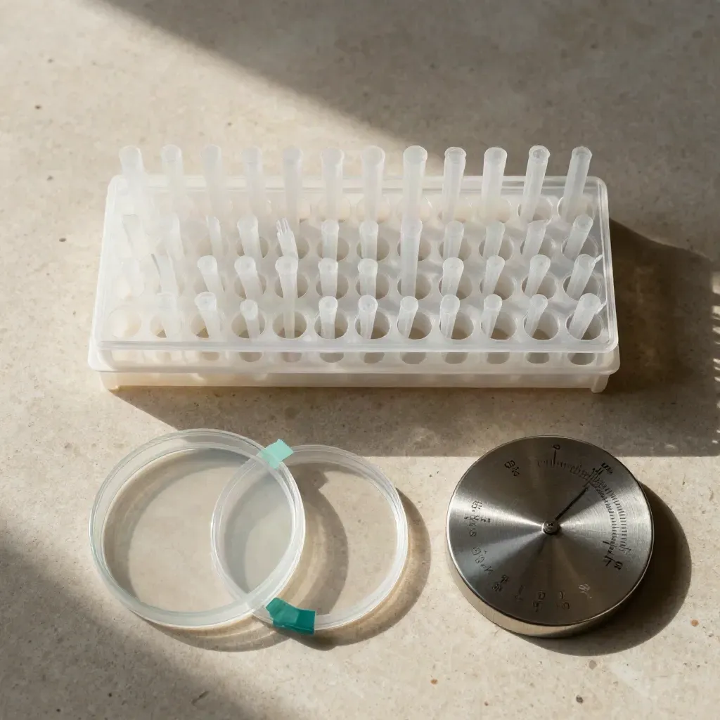 Overhead lab flatlay with sterile rack, pipette tips, sealed plates and a steel timer disk.