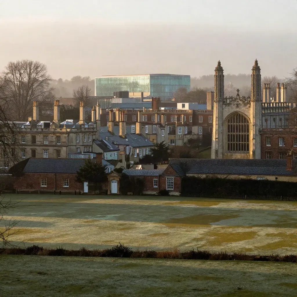 Misty Cambridge rooftops and Science Park above a calm green foreground at sunrise