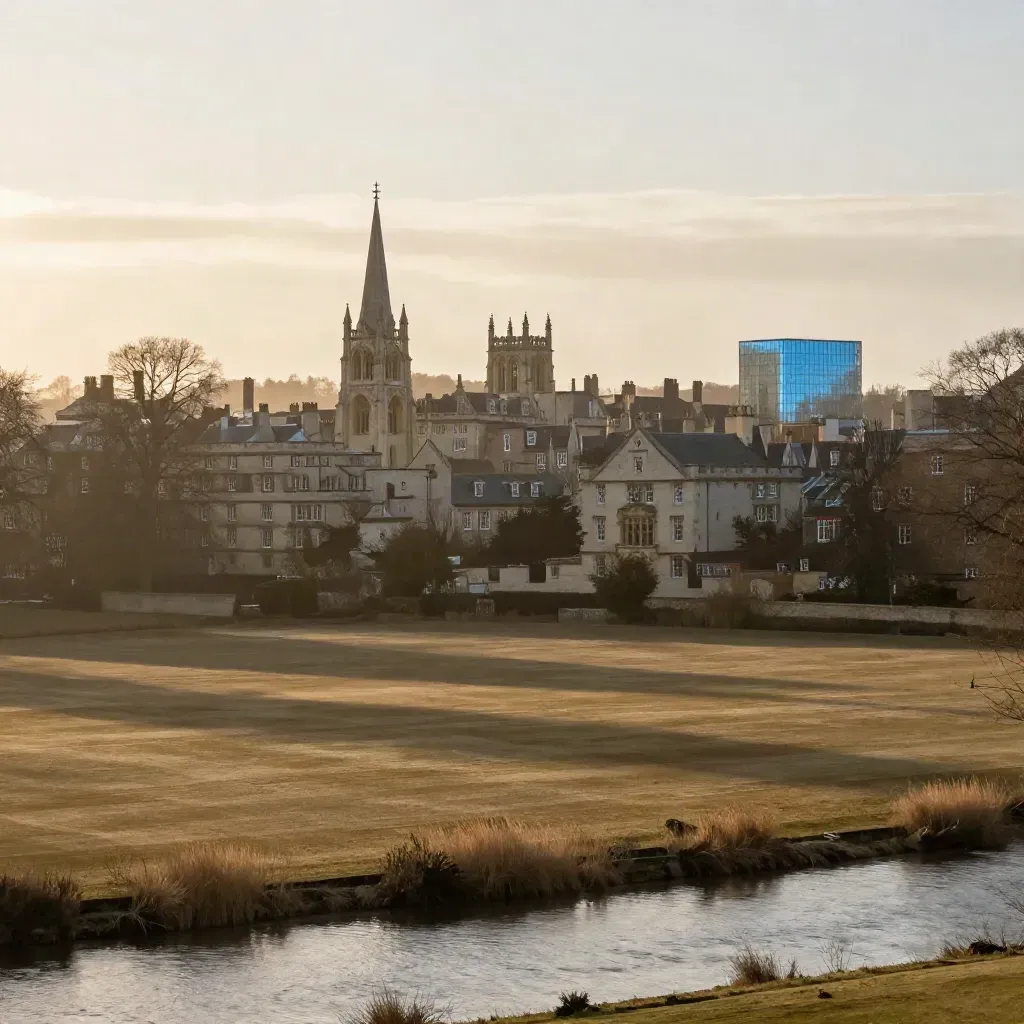 Oxford sandstone spires above misty meadows and a silver river at golden hour
