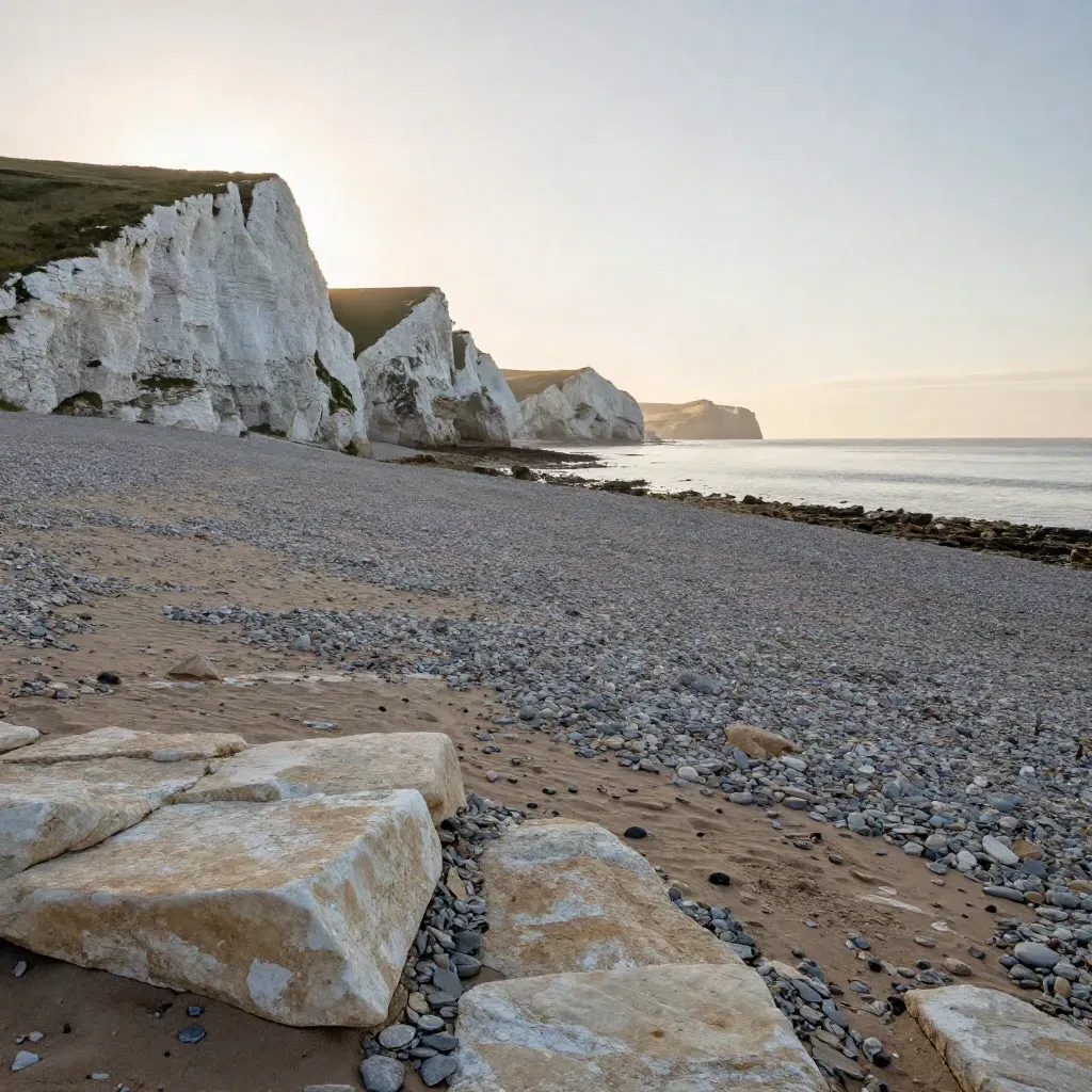 Chalk ridge above a hazy coastal horizon with shingle foreground at sunset