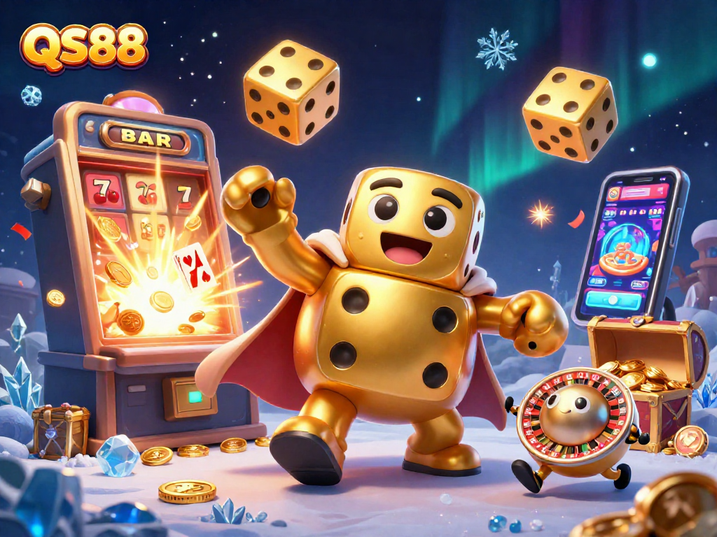 Experience thrilling action at QS88 with a unique 3D illustration of golden dice and lively gambling elements.