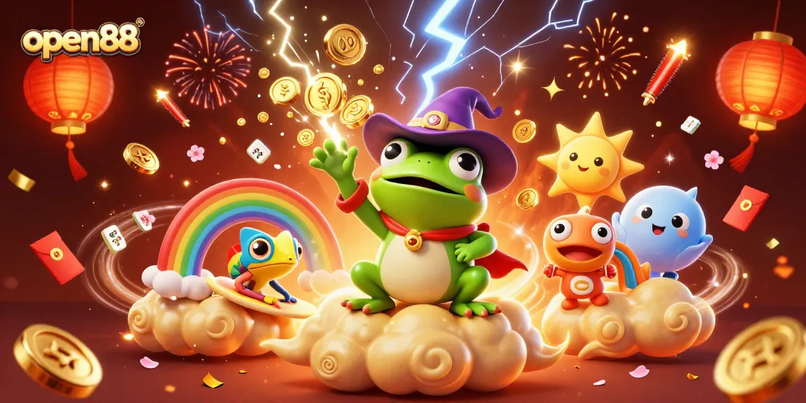 Open88's vibrant casino celebration scene with magical frog, chameleon, and festive decorations.
