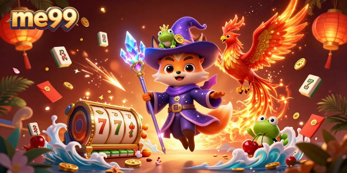 Experience the magic of me99 with a wizard fox and phoenix amid lively game elements.