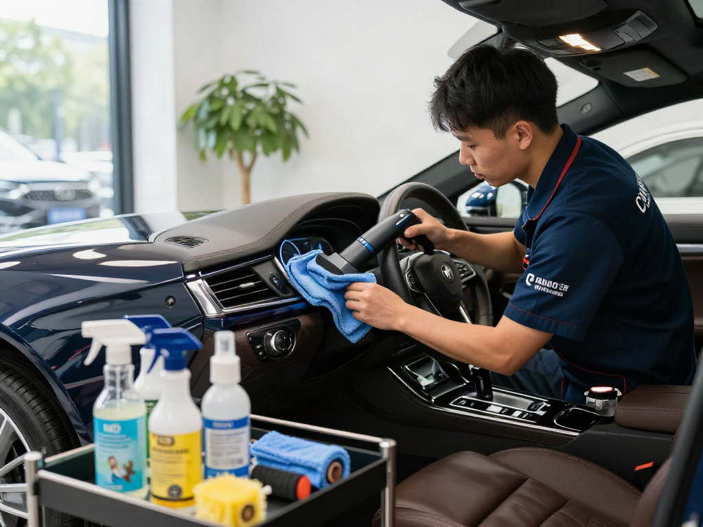 Automotive cleaning with depo 10k products showcasing professional detailing techniques in a luxury car interior.
