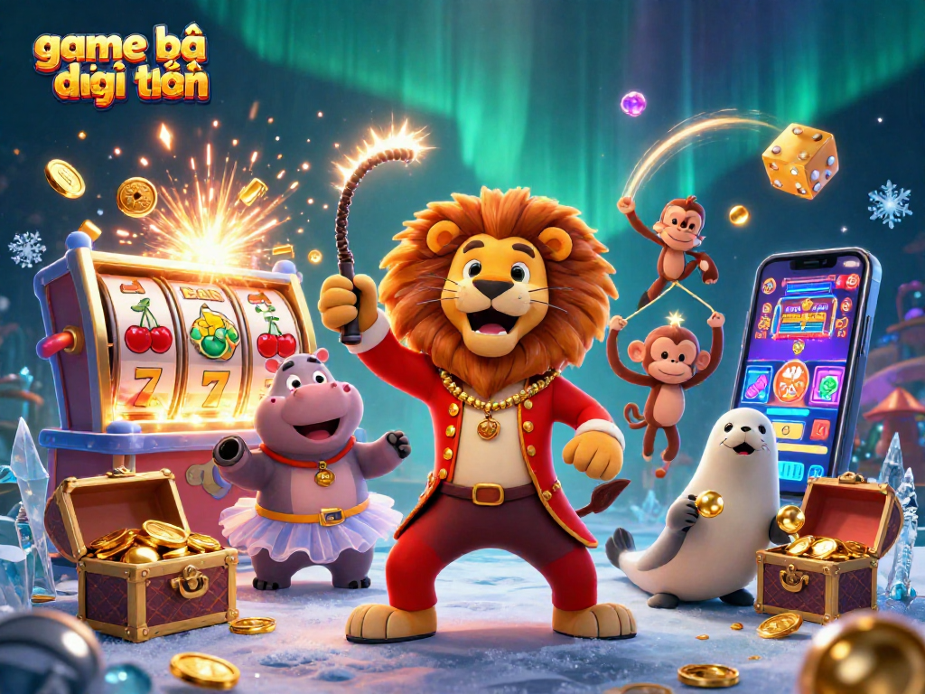 Engage with exciting game bài đổi thưởng featuring a dynamic circus casino scene with colorful characters and gameplay.