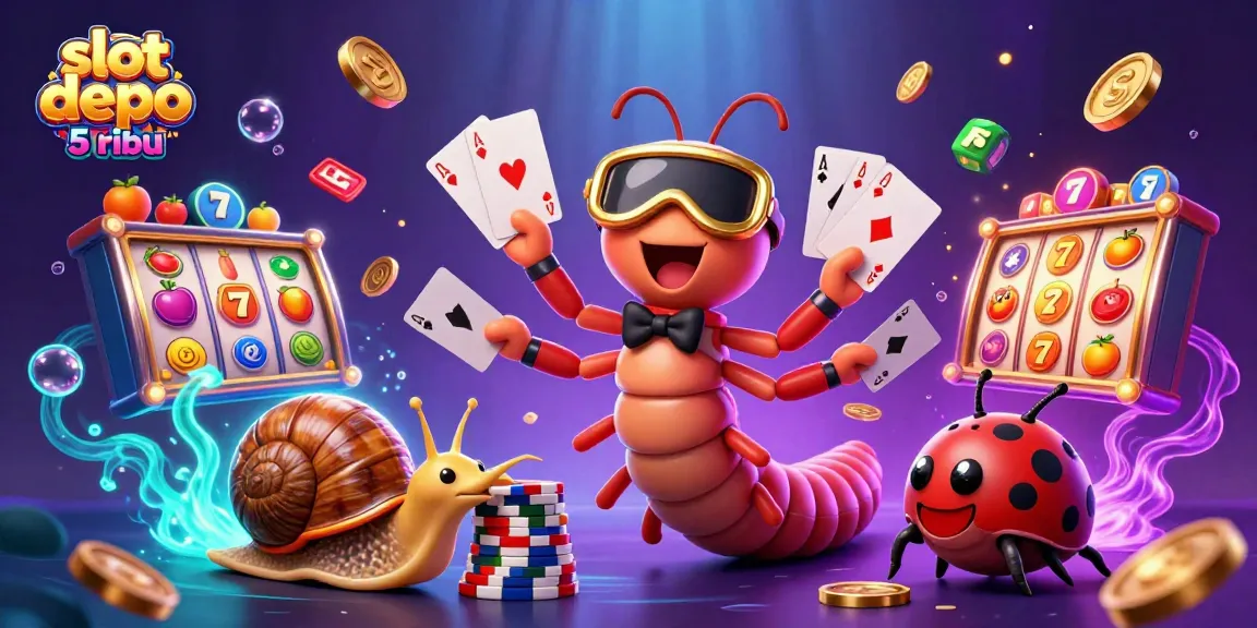 Engage in exciting slot depo 5 ribu action with vibrant 3D illustrations of cards and jackpots.