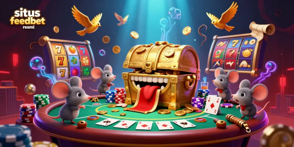 Experience thrilling gameplay with the vibrant scene showcasing situs feedbet resmi, featuring a treasure chest and lively casino elements.
