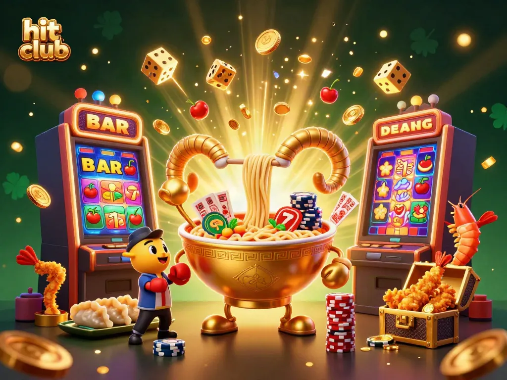 Hit club vibrant 3D illustration featuring a golden ramen bowl character stacking chips and dealing cards in a dynamic casino scene.