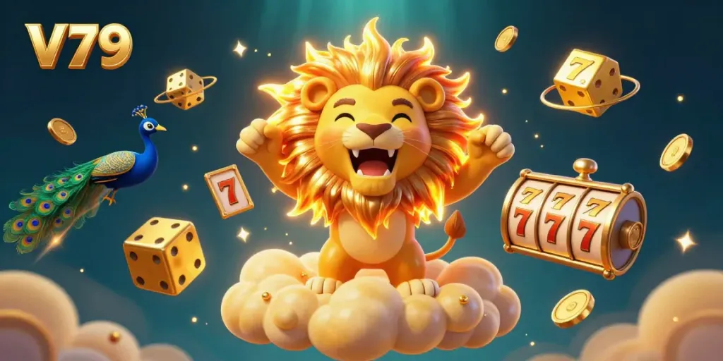 Experience the magic of V79 with a vibrant scene showcasing lively slot games and gold coins.