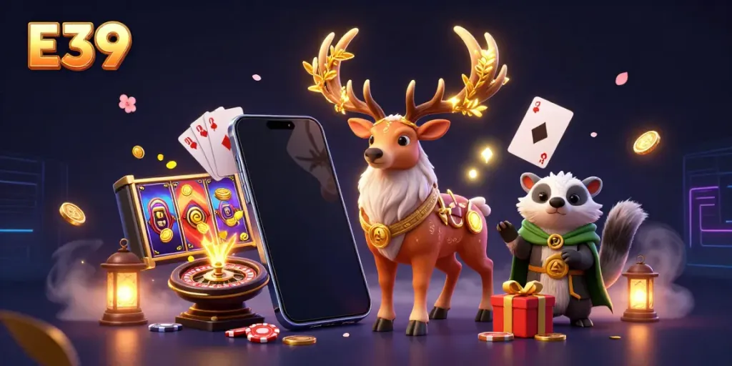 Experience E39's vibrant gaming universe with a druid stag and badger surrounded by casino elements