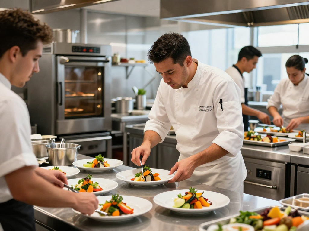 Best Price Catering Equipment displayed in a vibrant kitchen with chefs preparing gourmet dishes.