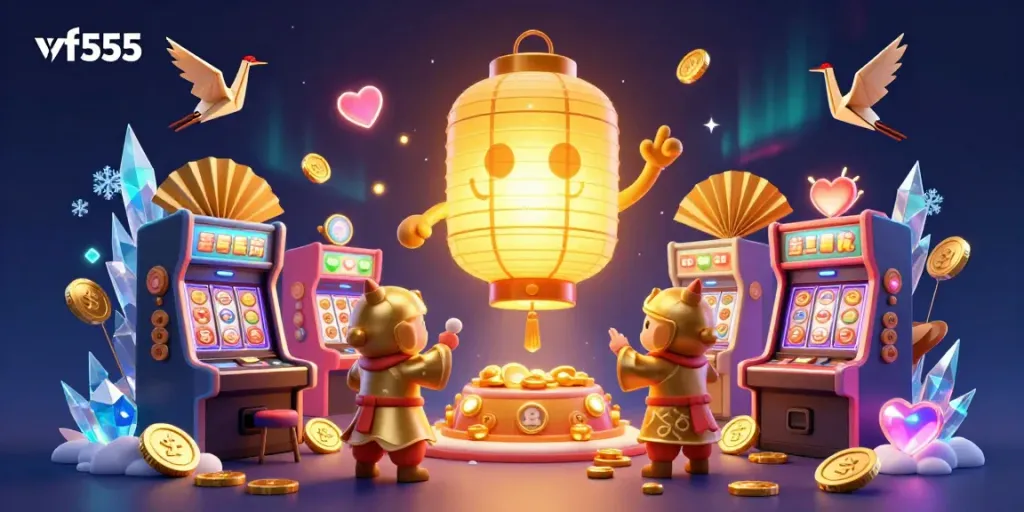 Engage with vf555's vibrant casino scene featuring a golden lantern spirit among slot machines and arcade games.