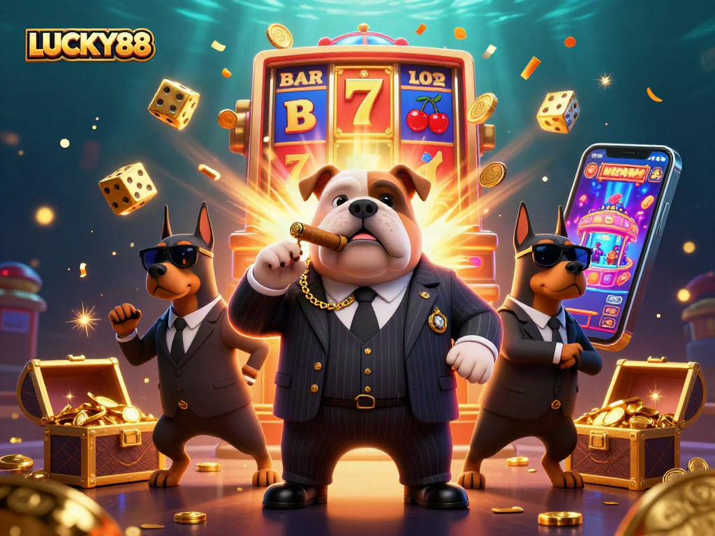 Experience the action of LUCKY88 with a vibrant slot scene featuring a mafia bulldog and exciting casino elements.