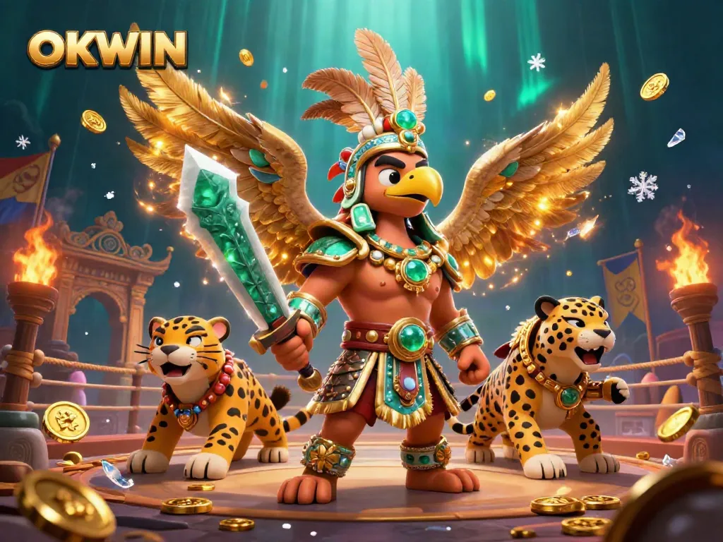 Engage in thrilling sports betting with OKWIN, featuring dynamic warriors and vibrant atmosphere.