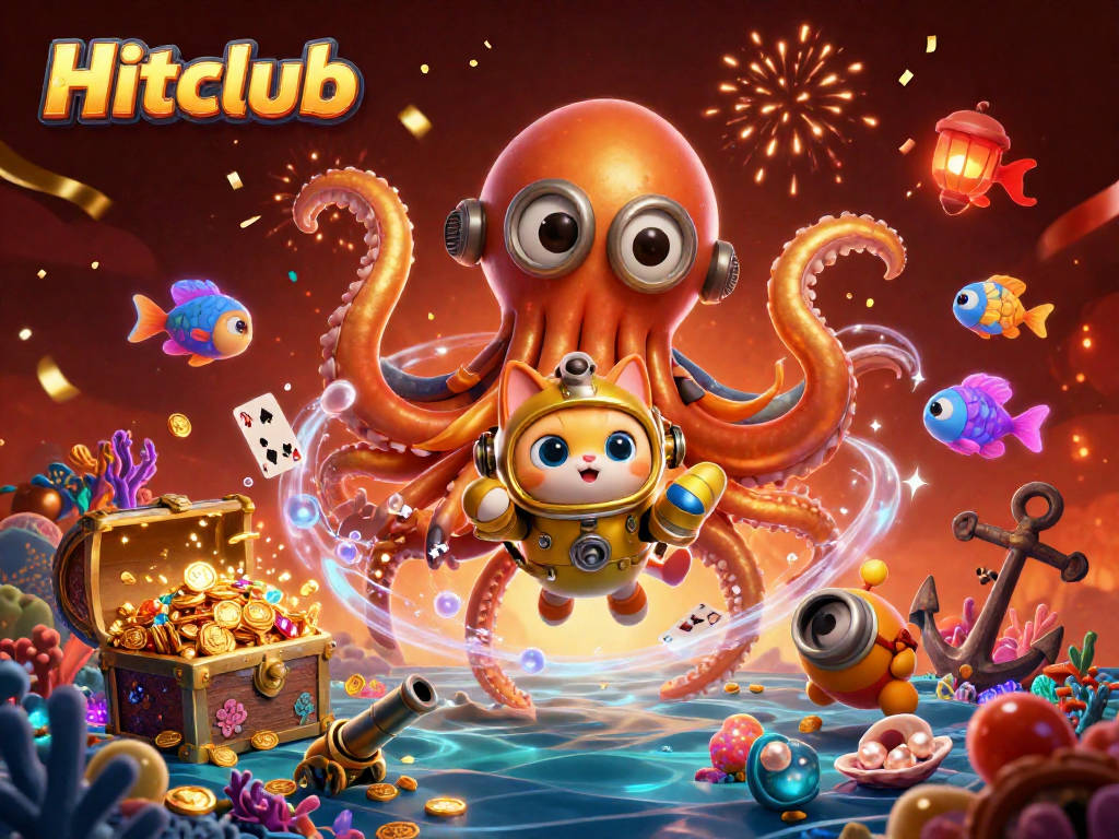 Hitclub showcases a vibrant casino scene featuring kraken, diving cat, and glowing treasures.