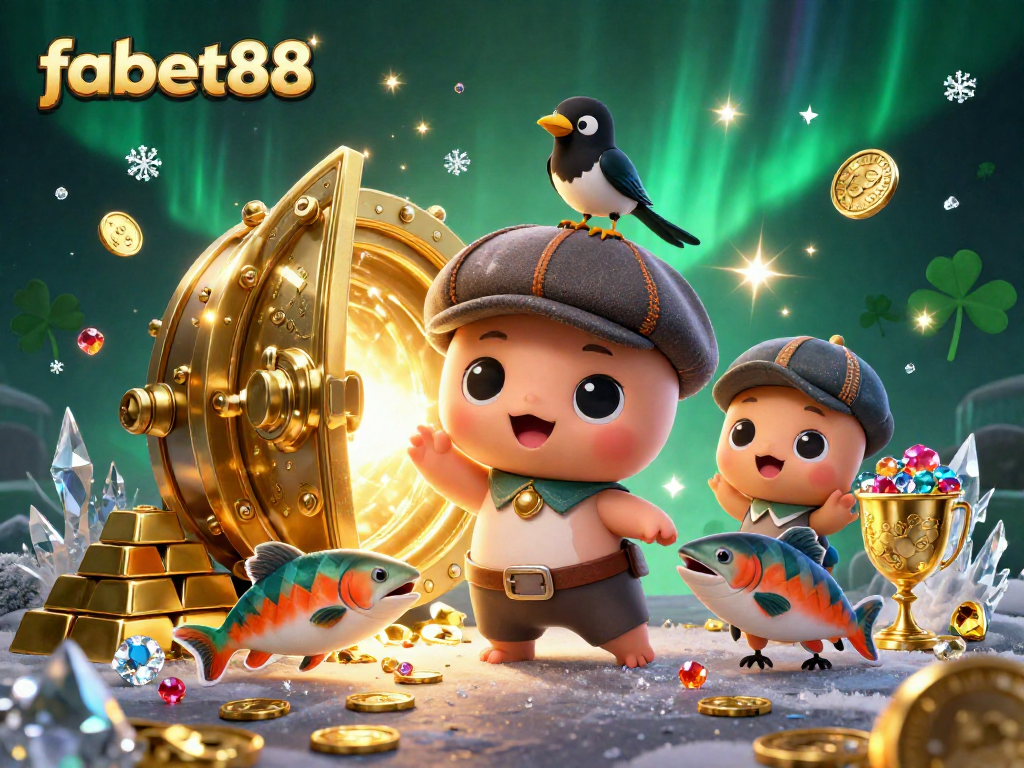 Play and win at fabet88 with a vibrant illustration of cartoon characters and casino treasures.