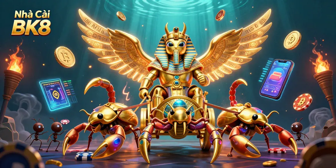 Engage with the thrilling world of casino fun at Nhà Cái BK8 featuring golden beetles and poker chips.