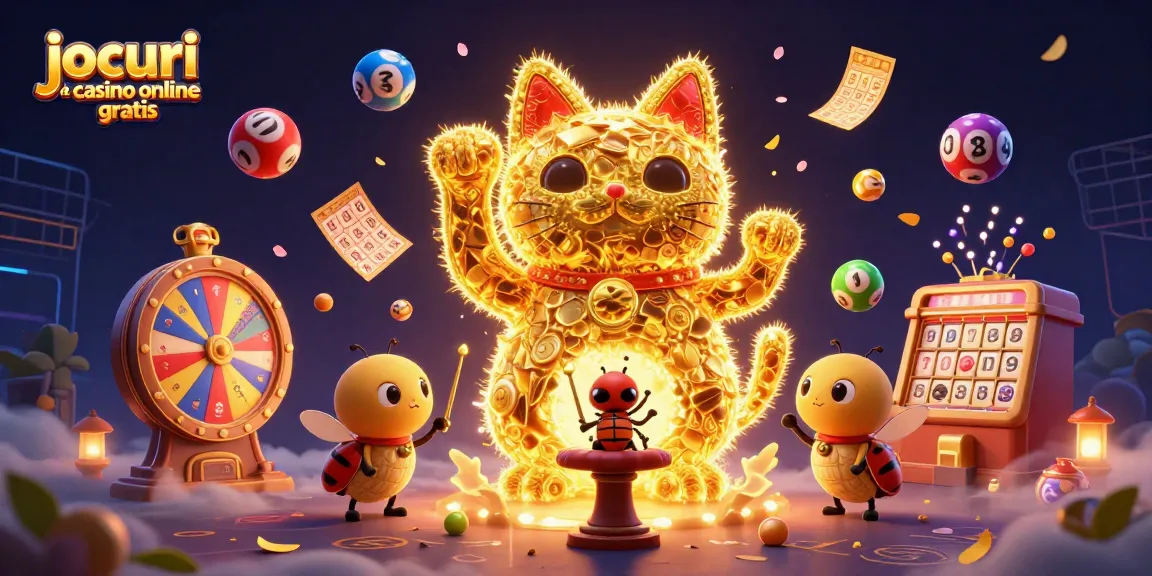 Joacă jocuri de casino online gratis cu o ilustrație vibrantă a unui pisoi norocos și elemente de jocuri de noroc.