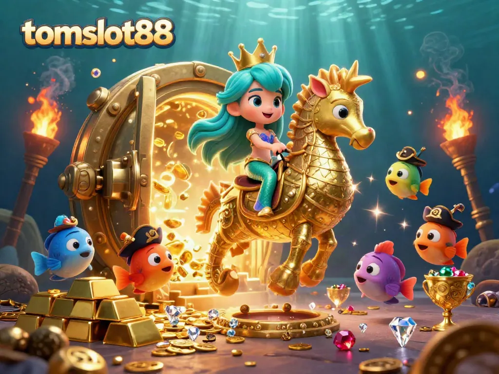 Engage with the magical undersea world of tomslot88, featuring a mermaid princess riding a magnificent seahorse amidst treasures and vibrant marine life.