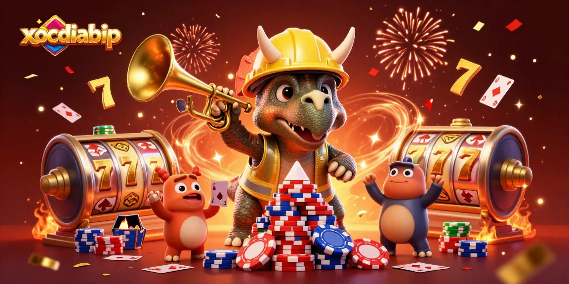 xocdiabip features a vibrant 3D illustration of a triceratops celebrating a poker victory with spin reels