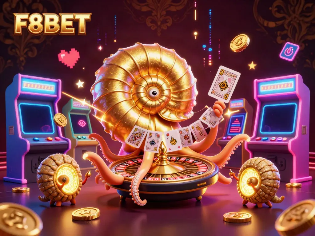 Engage in thrilling gameplay at F8BET with a vibrant 3D casino scene featuring a massive nautilus roulette wheel.
