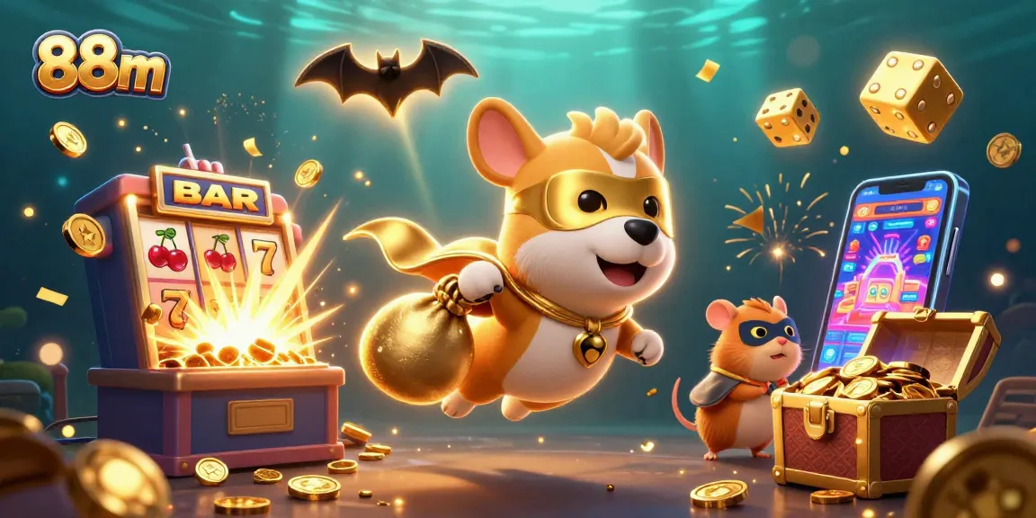 Experience 88m's thrilling jackpots with our superhero dog capturing gold coins in an exciting casino scene.