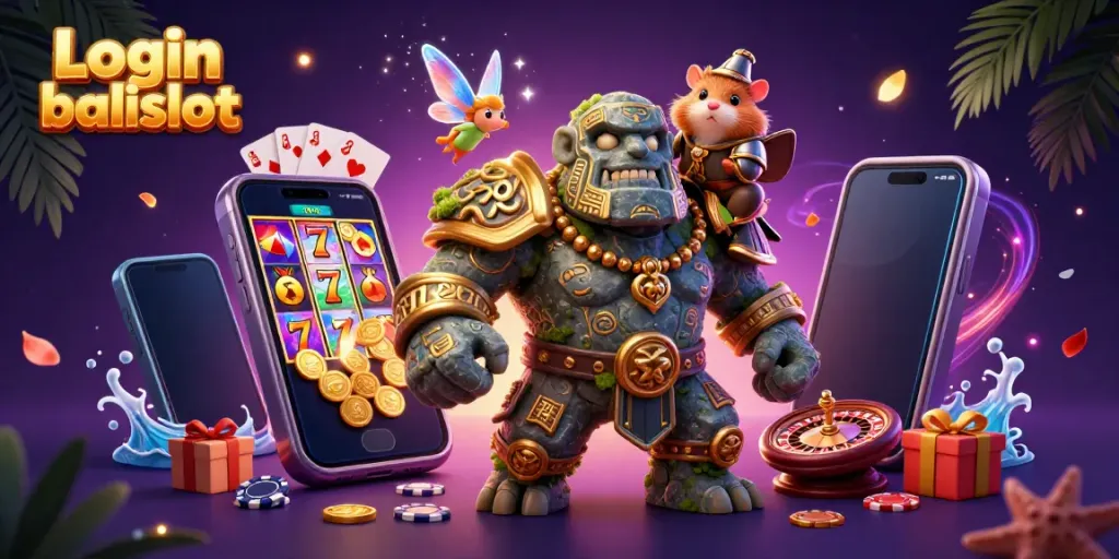 Engage with Login balislot through an enchanting scene featuring a magical golem guardian, fairy, and hamster knight.