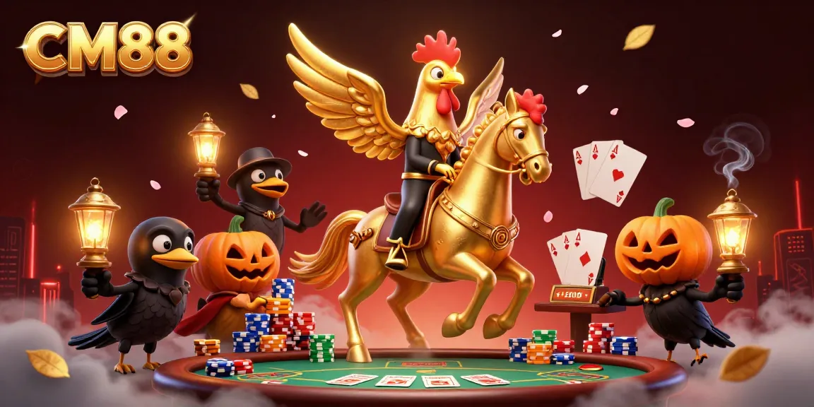 Experience thrilling poker action at CM88's vibrant casino featuring a golden rooster and poker elements.