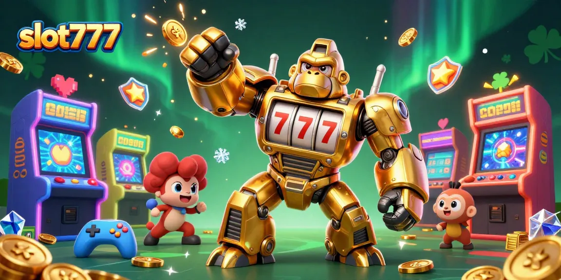Experience thrilling wins with slot777 as a golden gorilla mech triumphs in this fun 3D casino scene.