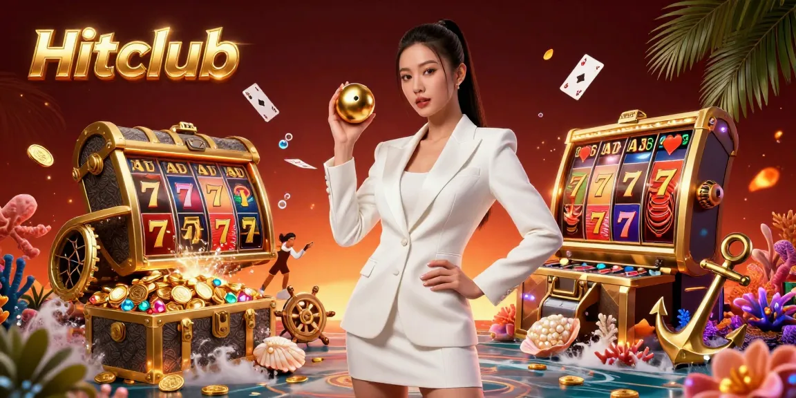 Experience thrilling gaming at Hitclub with vibrant slot reels and a stunning casino backdrop.