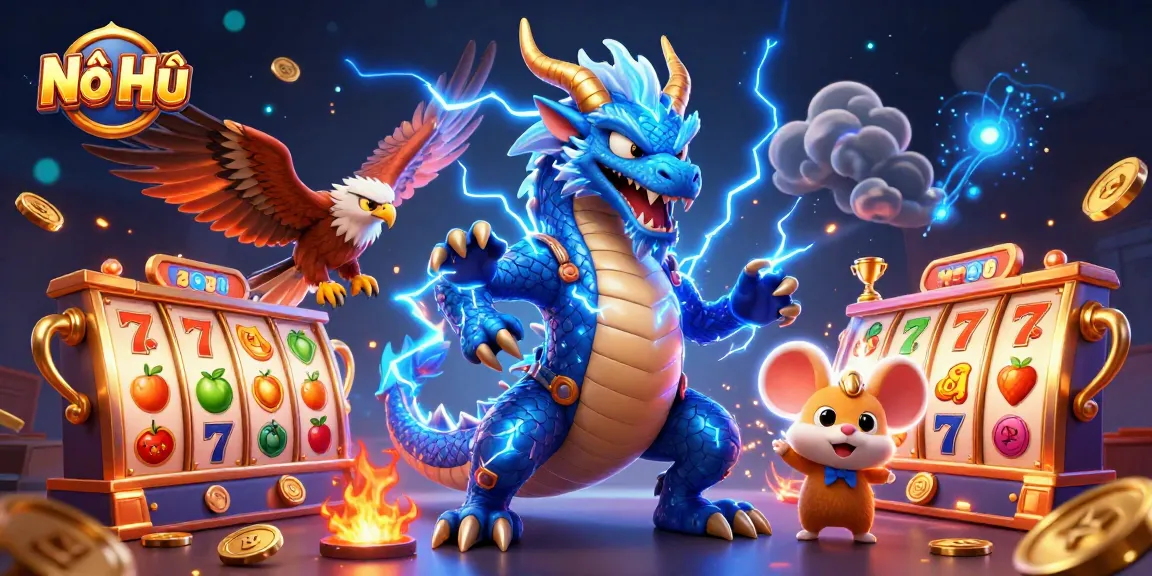 Nổ Hũ jackpot scene showcasing a thunder dragon, wind hawk, and mouse with slot reels, fiery particles, and golden elements.