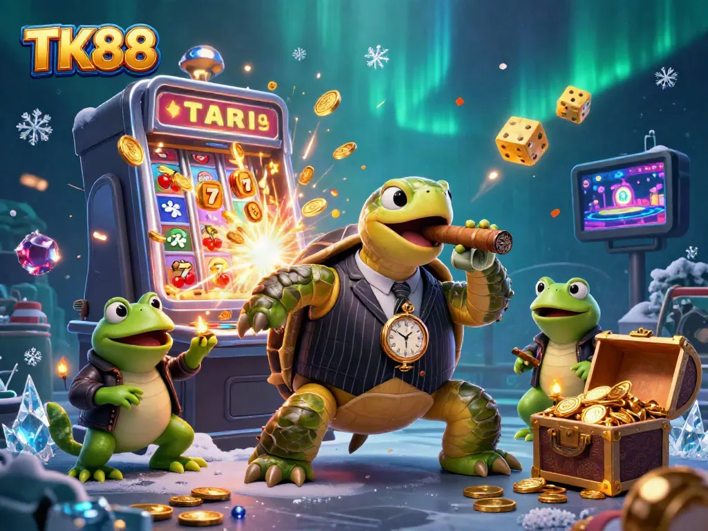 Engaging casino scene featuring TK88's snapping turtle mascot surrounded by colorful slot machines and vibrant casino elements.