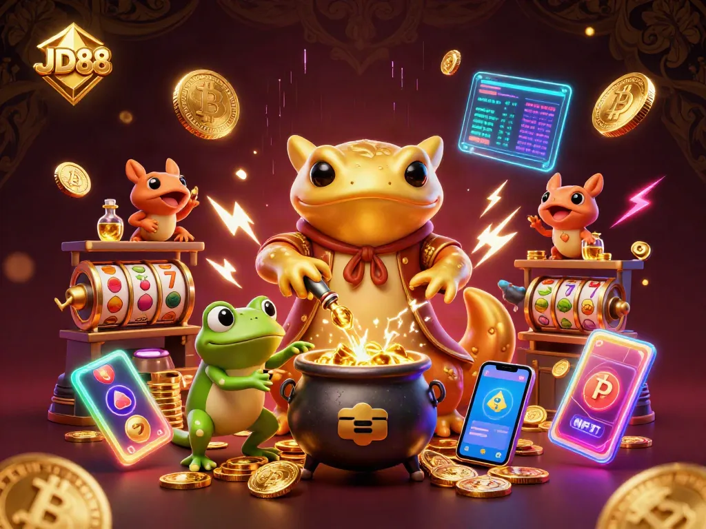 Spin the reels with JD88 in a captivating scene of gold coins and digital assets.