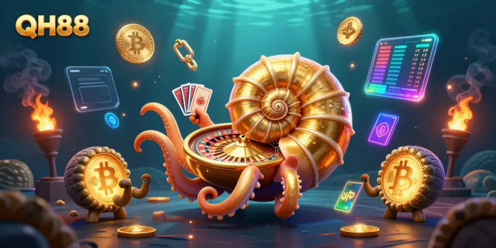 Engage in thrilling bets at QH88 Casino with a vibrant 3D illustration of a giant nautilus and glowing elements.