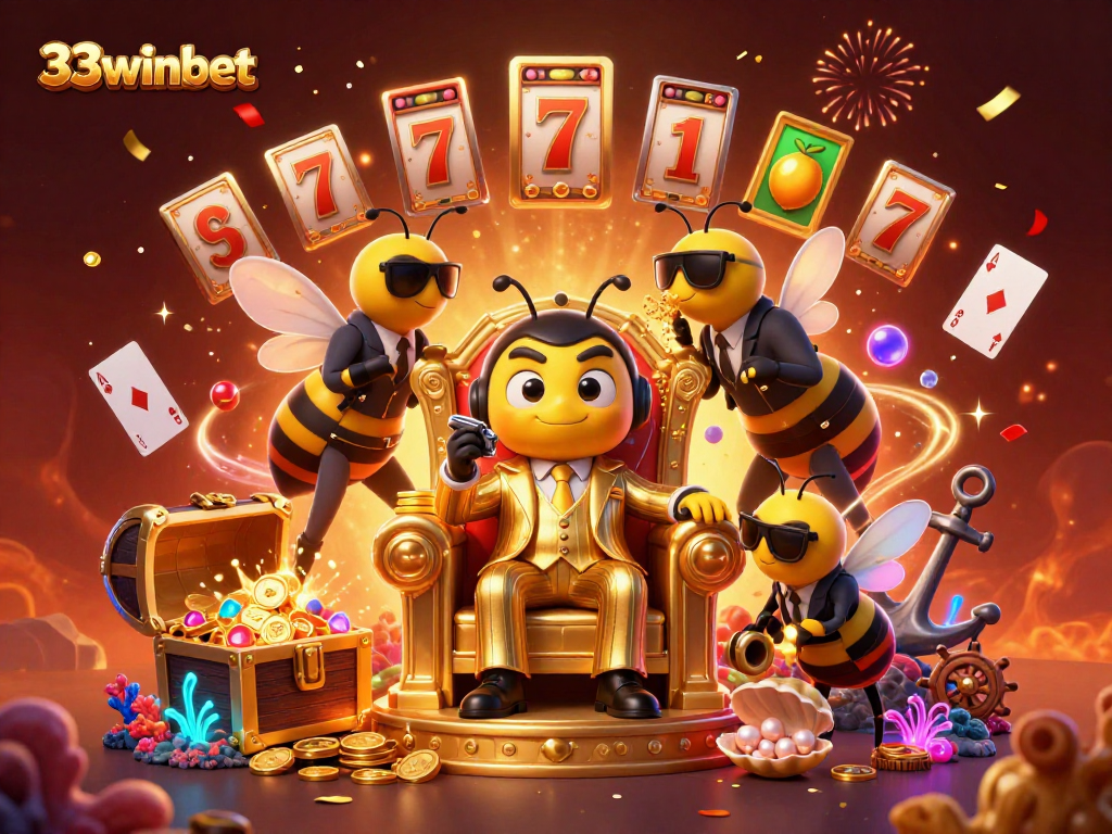 Experience the buzz of 33winbet with a bumblebee mob boss in an action-packed casino scene.
