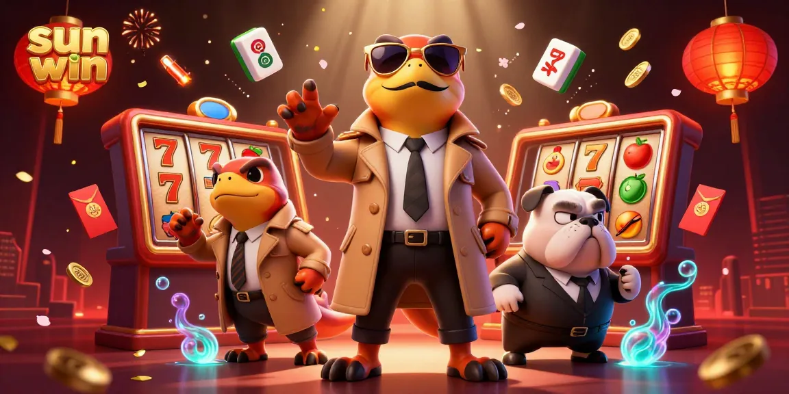 Experience thrilling gameplay at Sun Win with raptors and a bulldog in a vibrant casino scene.