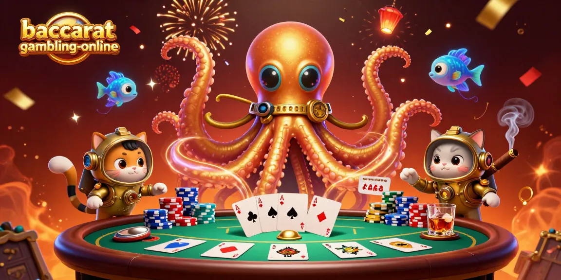Engage with baccarat-gambling-online showcasing thrilling gameplay with a kraken, diving cat, and casino elements.