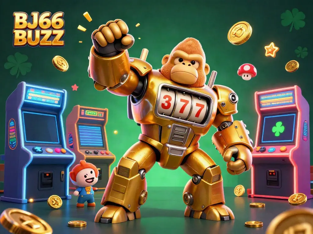 Experience the thrill of BJ66 BUZZ with an action-packed 3D illustration of a golden gorilla mech and gaming elements.