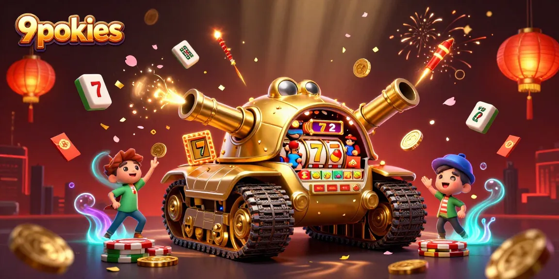 Experience 9pokies excitement with golden beetle tank and vibrant slot reels in a dynamic casino-themed illustration.