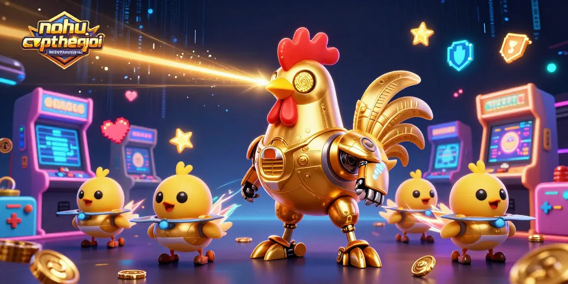 Nohu-cupthegioi showcases an animated golden rooster robot in a vibrant casino arcade environment.