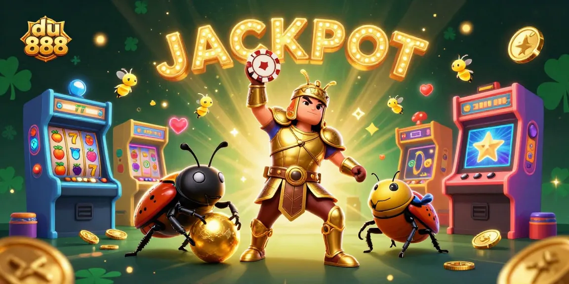 Engage in casino fun with du 888, featuring a victorious beetle and vibrant slot elements.