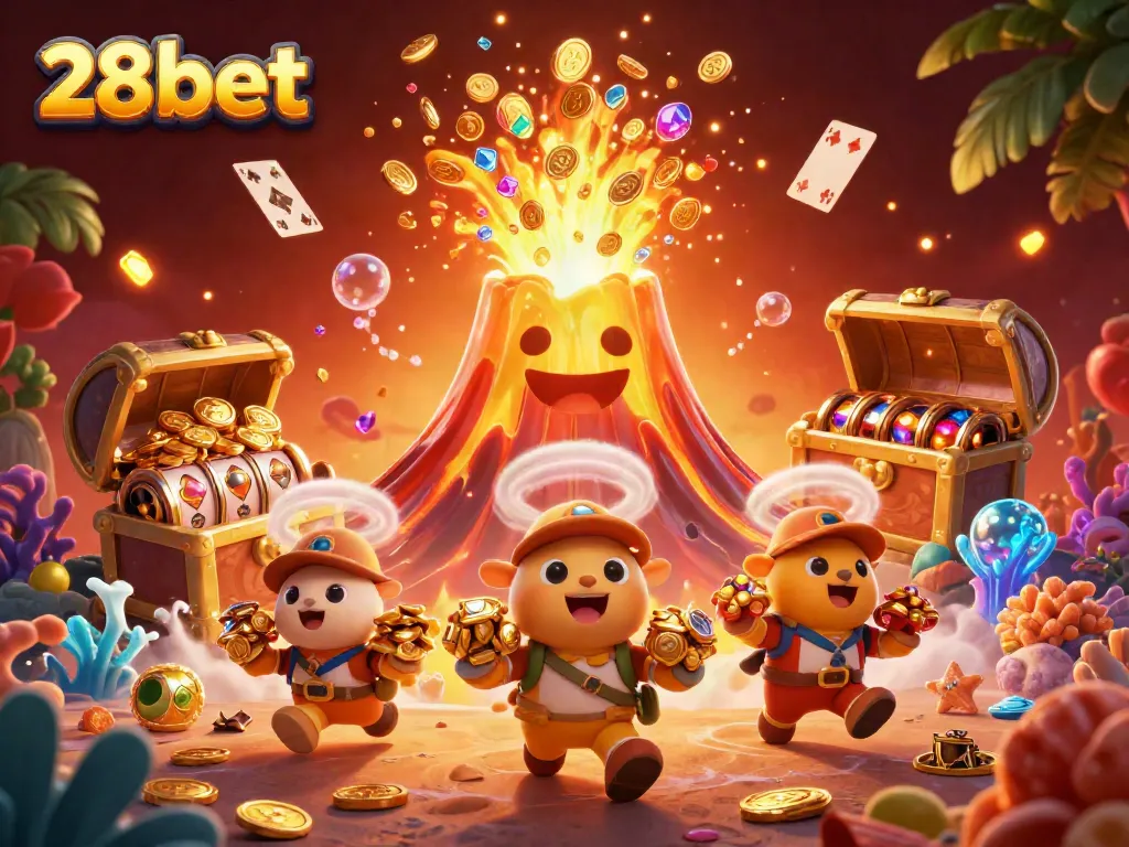 Engage with 28bet's thrilling 3D depiction of a golden volcano erupting treasures, enhancing online betting.