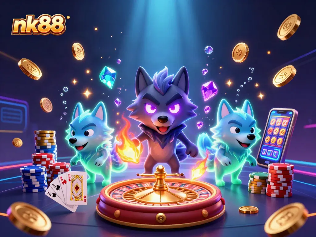 Engage with nk88's vibrant online casino scene featuring animated shadow wolves amidst dazzling game elements.