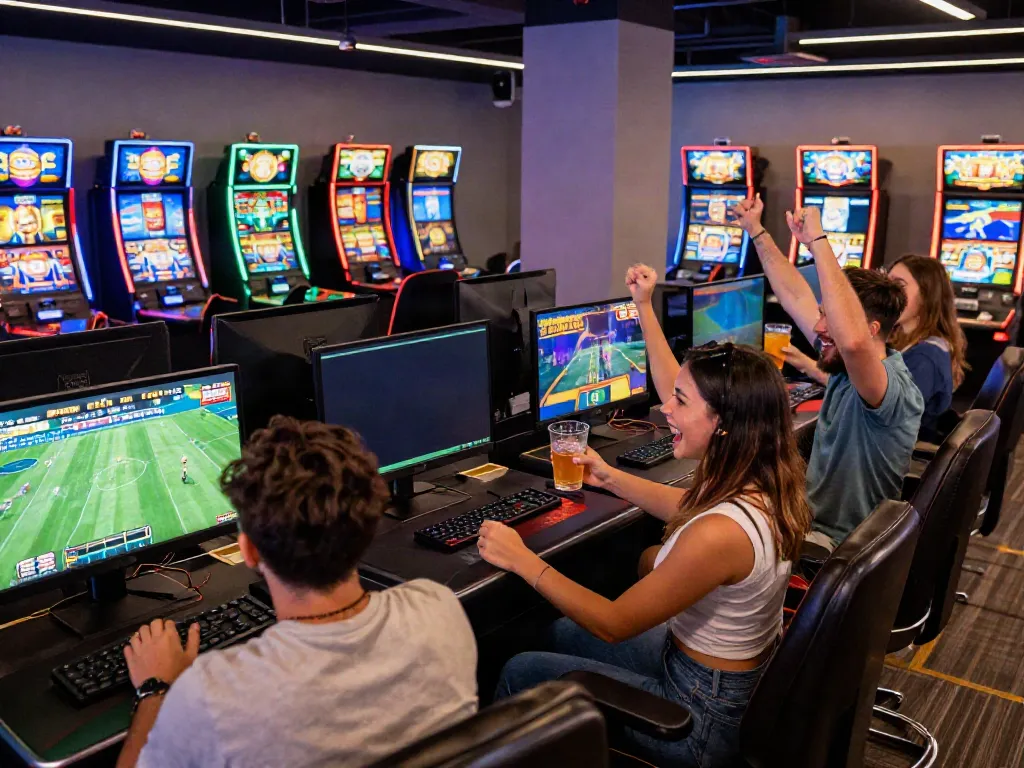 Excited players enjoying the 9 bet experience at a vibrant gaming lounge.